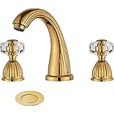 YANNLII Shiny Polished Gold Widespread Bathroom Sink Faucet,Two Crystal Handle Three Hole Brass Lavatory Vanity Faucet,8-16 Inch Basin Mixer Tap with Pop Up Drain Assembly