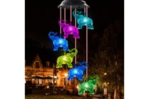 WANQDG Elephant Waterproof LED Solar Powered Memorial Wind Chimes with Lights, Housewarming Gifts for Garden Outdoor Patio Yard Lawn Decor