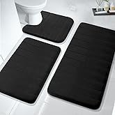 JOYART 3 Pieces Memory Foam Bath Mat Sets 19.7"x31.5" + 23.6"x15.7" and U-Shaped 23.6"x19.7" for Bathroom Rugs, Toilet Mats, Non-Slip, Water Absorption, Machine Washable, Black