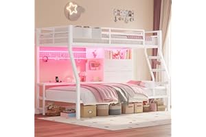 BTHFST Bunk Bed Twin Over Twin with 4 Storage Drawers & Shelves & Bedside Caddy, Twin Bunk Beds with Charging Station & Led Lights, Metal Bunk Bed with Safety Guardrail & Angled Ladder for Kids, White