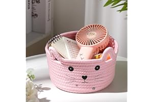 Cat Basket Storage Woven Organizer with Ears, Cute Cotton Rope Basket for Gift Cat Dog