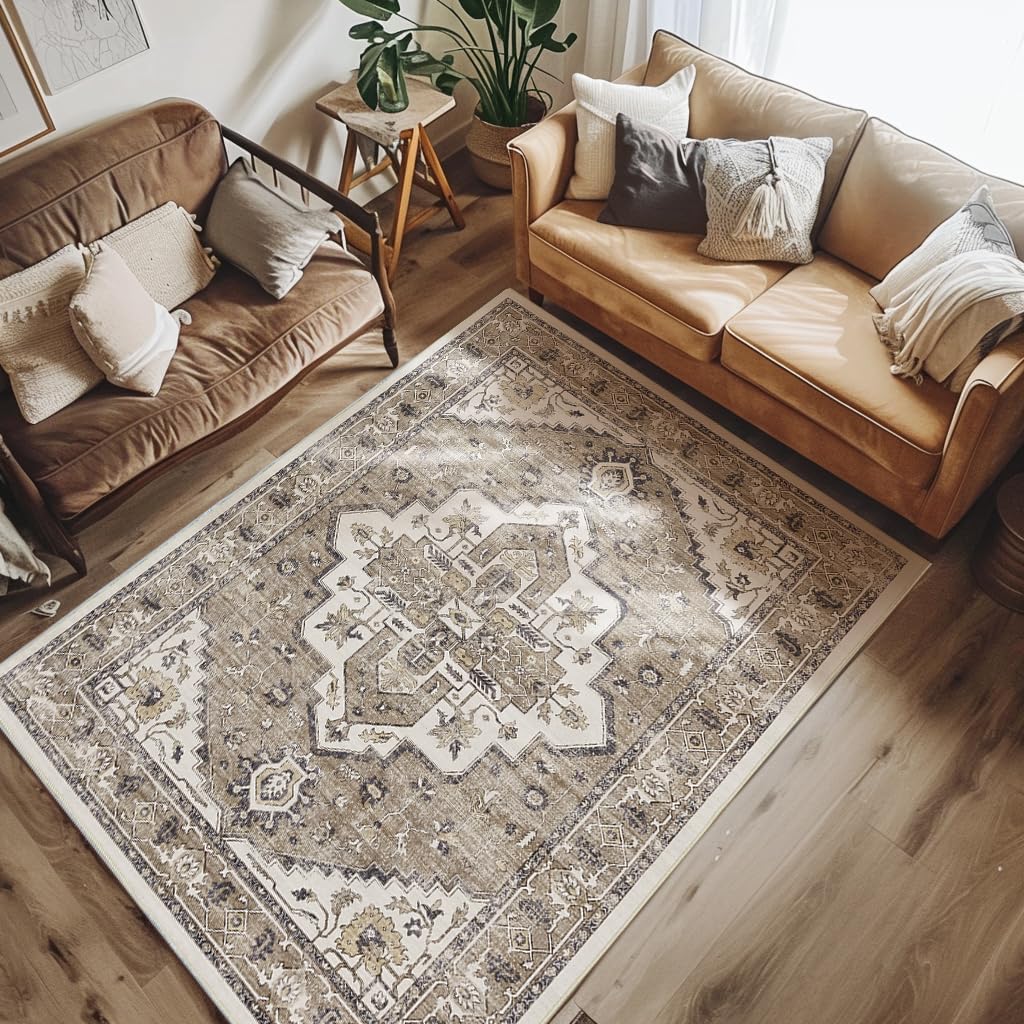 Photo 1 of jinchan Washable Area Rug 5x7 Tribal Low Pile Bedroom Accent Rug Stain Resistant Boho Distressed Carpet Faux Wool Soft Ultra-Thin Non Slip for Kitchen Living Room Dining Room Farmhouse Brown