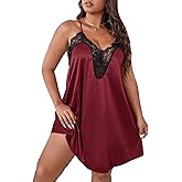 WDIRARA Women's Plus Size Satin Nightgown Lace Trim Backless V Neck Sexy Chemise