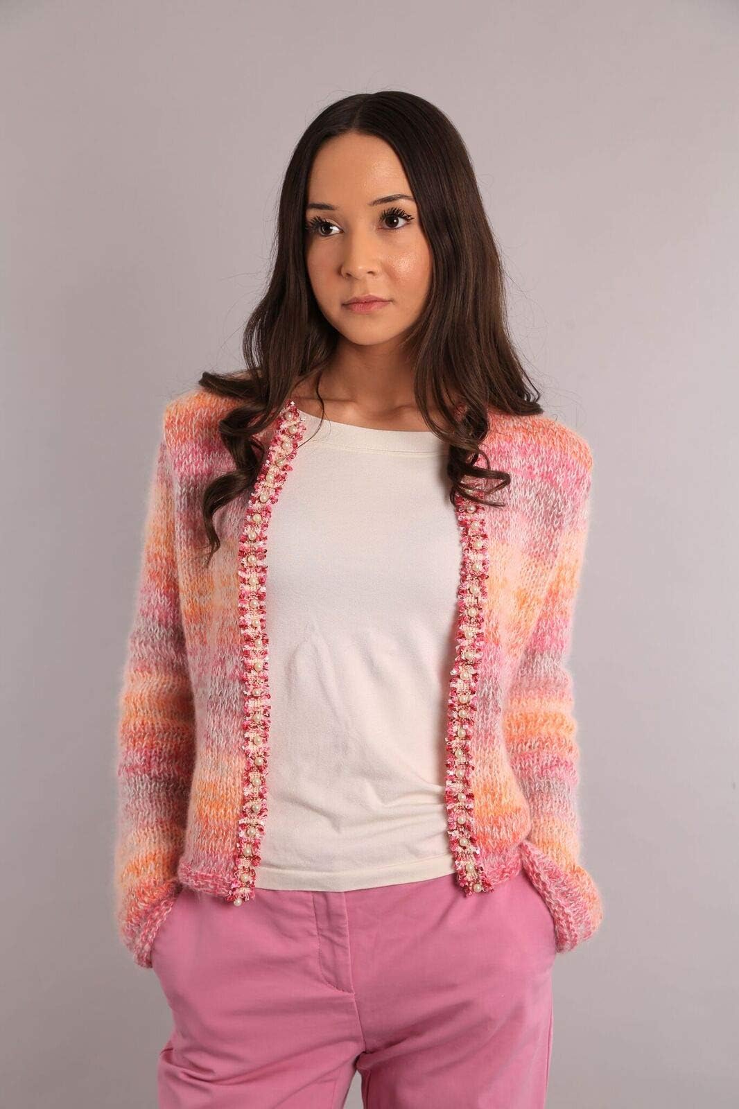 DesignEtte Knitting Kit Catarina Hoarfrost 100 Percent Pure Mercerized Egyptian Cotton Silk and Superkid Mohair Blend Yarn Peach and Orange XL/2XL/3XL No-s-1919, Basic Blue 16/Black