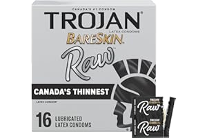 Trojan Bareskin Raw Lubricated Latex Thin Condoms, 16 Count, Canada’s Thinnest Latex Condom, Silky Smooth Lubricant for Comfo