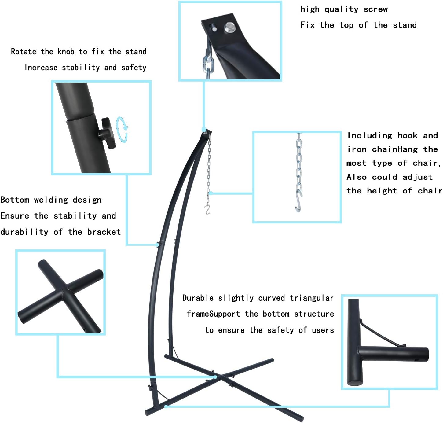 YILI C-Shape Hammock Chair Stand, Solid Steel 220lb Heavy Capacity, with 2X Hooks, 1x Chain, Indoor/Outdoor use, Rack Stand for Hanging Chair, Tree Tent, Air Porch Swing, Loungers, Yard, Garden, Patio, Black : Kitchen & Dining