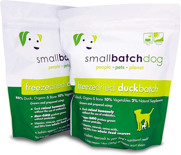 Smallbatch Pets Freeze-Dried Premium Raw Food Diet for Dogs, 2-Pack, Duck Recipe, 14 oz in Each Bag (28 oz Total), Made in The USA, Organic Produce, Humanely Raised Meat, Hydrate and Serve Patties