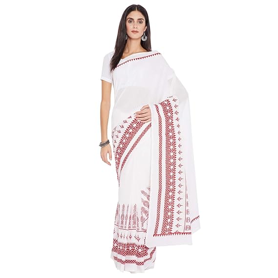 Finest Quality Cotton - Handmade Red and White - Minimalistic block print Saree with Blouse Piece RDSNSA0140