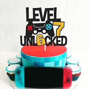 Level 7th Unlocked Cake Topper - Game Controller Design For 7th Birthday, Video Game Theme Party Decor