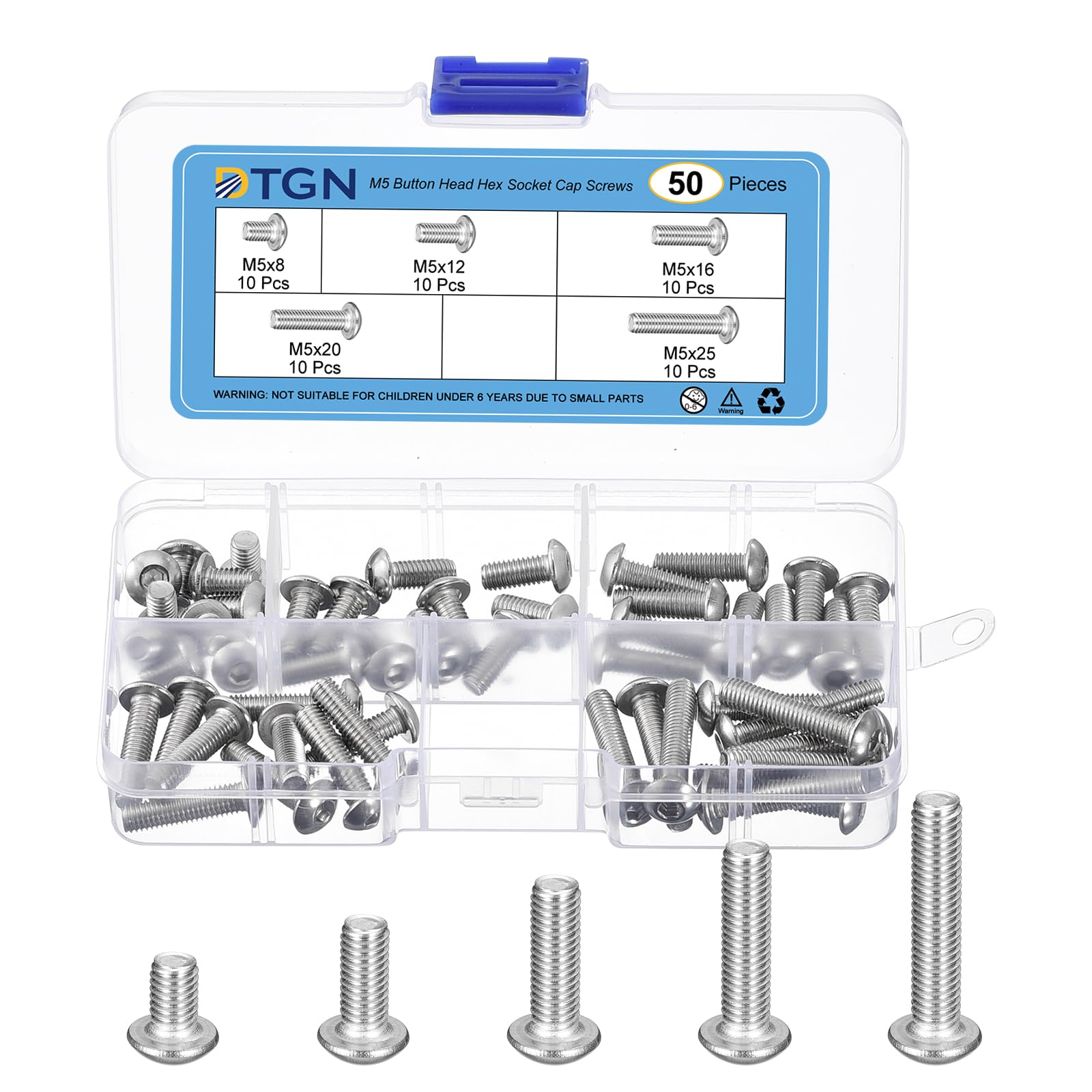 DTGN 50Pcs M5 Button Head Socket Cap Screws Kit - 8/12/16/20/25mm 304 Stainless Steel 18/8 Full Thread Hex Socket Cap Screw Assortment - Good for Machine, Furniture Repairing