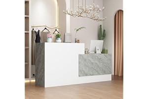 Homsee Modern Reception Desk Office Desk with Storage Shelves & Marble Texture, Retail Counter Front Desk Table for Checkout & Home Office, White & Grey