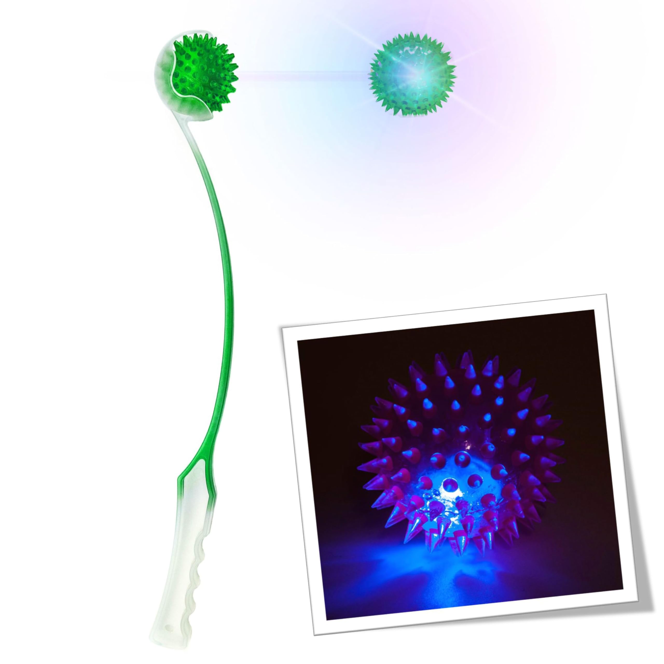 Petopedia LIGHT UP Dog Ball Thrower – 46 cm Long Launcher with Flashing Balls for Dogs – Strong Grip, Easy Pick Up & Throw, Lighting Up Spiky Ball Launchers, Interactive Toys (18", Green (2 Tone))