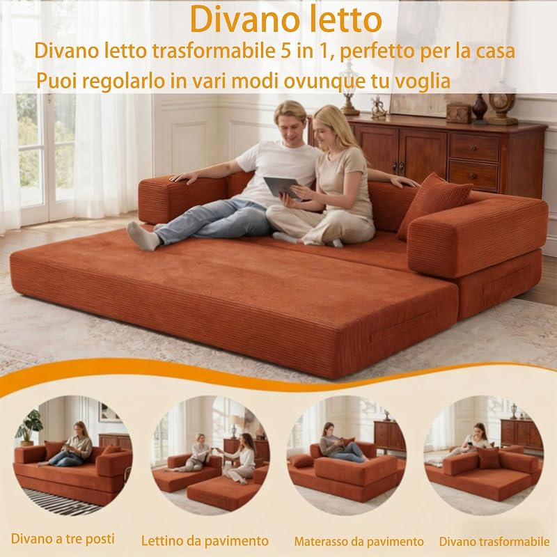 Divano letto senza ossa, 160 cm, corda premium, futon 5-in-1 con 2 cuscini in memory foam per piccoli spazi, arancione