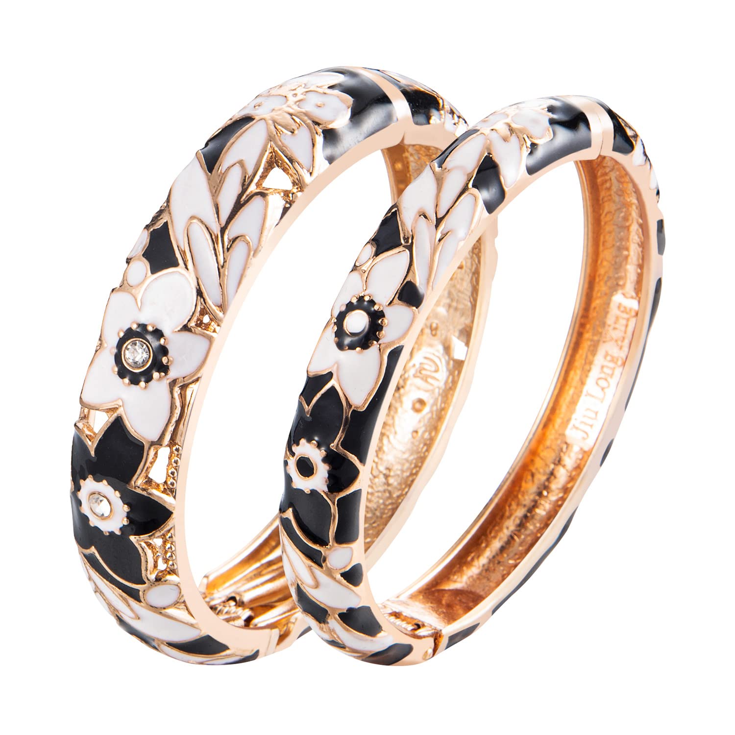 UJOY Enamel Bangle for Women, Handmade Floral Vintage Bracelet for Lady, Jewellery keepsake - 2 Pcs Black Bracelets & White Flowers Lovely Enamel Bangle for Women keepsake Teenager Girls Vintage