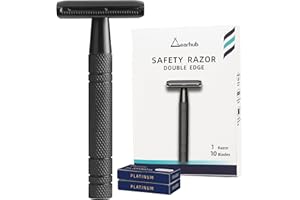 Gearhub Double Edge Safety Razor Reusable Stainless Metal Wet Shaving Razor with 10 Swedish Platinum Blades for Men Women Barber Bikini Armpit Hair, Matte Gunmetal Black GRB2D