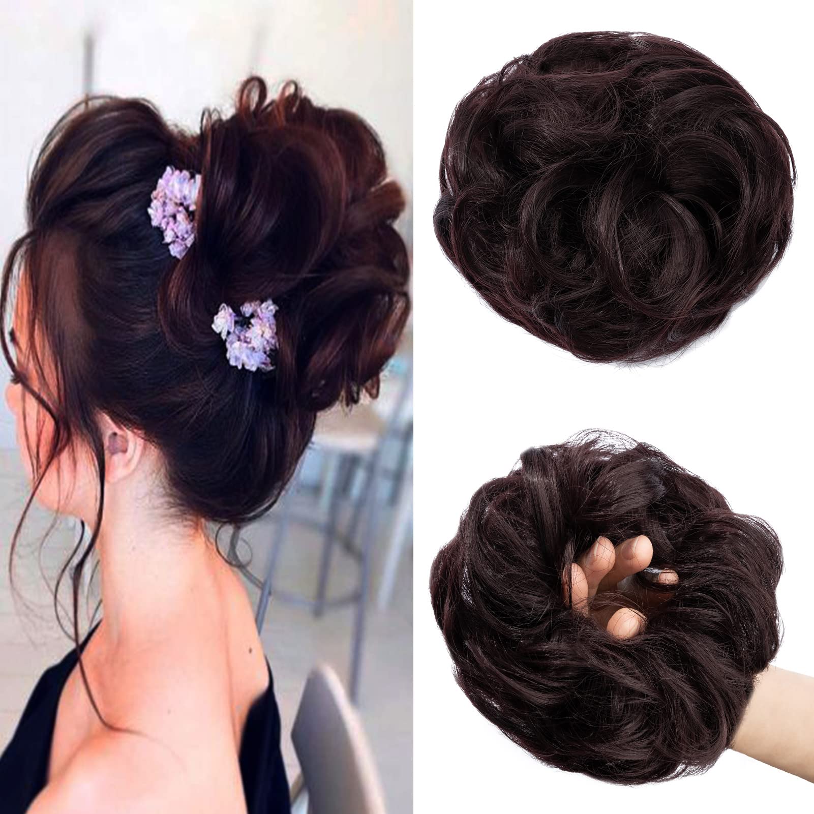 Cybelleza Scrunchy Bun Updo Hairpiece - Wavy Curly Messy Hair Bun Donut Hair Chignons - Dark Wine Red