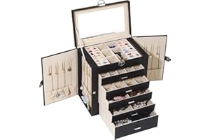BOOVO Jewelry Box For women, 6 Layer Large Jewelry Organizer With Mirror, Multi-Function Storage Box With Lock, Accessory Holder With 5 Drawers, For Earrings Necklace Ring Bracelet (Black)