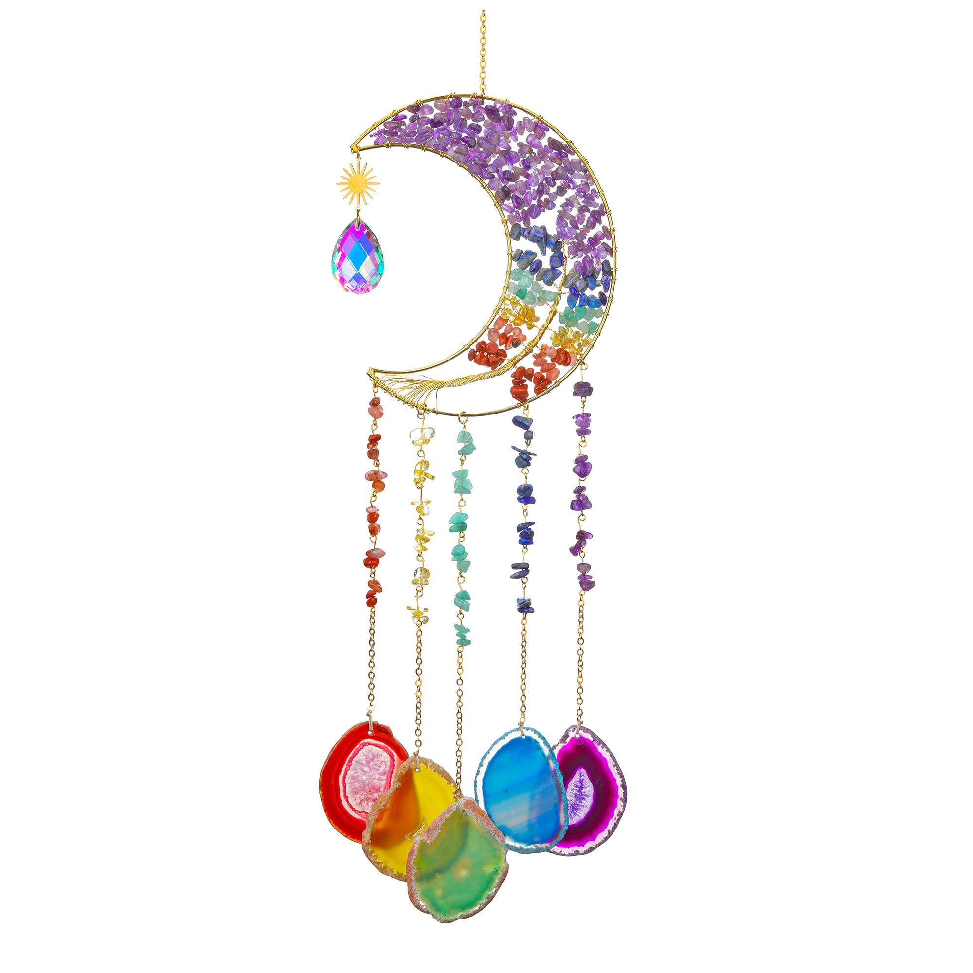 Lpraer Tree Life Agate Slices Wind Chimes 7 Chakra Reiki Healing Stone Colorful Handmade Wall Hanging Ornament for Outdoor Indoor Home Decor (7 Chakra Tree Life #5)