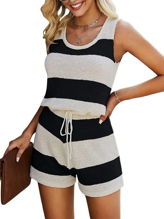 Vintagton Womens Casual Sleeveless Knit One Piece Shorts Jumpsuit Crew