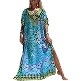 IMAGEKOPE Women's Plus Size Moroccan Print V-Neck Batwing Kaftan Loose Fit Beach Dress Bathing Suit Cover Up