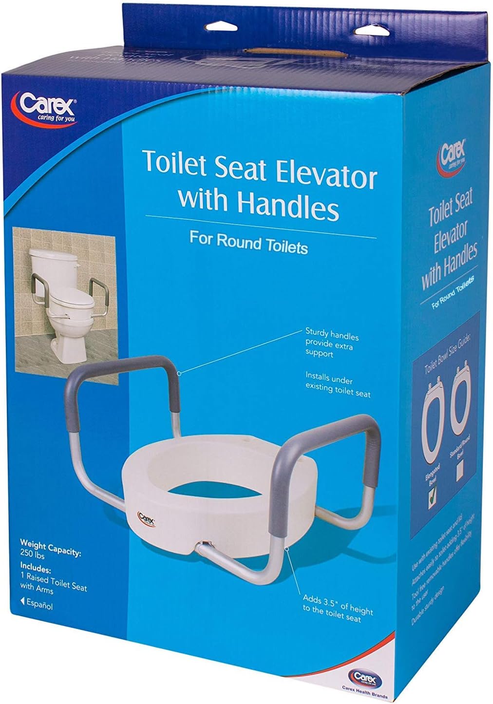 Carex 3.5 Inch Raised Toilet Seat with Arms - For Round Toilets - Elevated Toilet Riser with Removable Padded Handles, Easy On and Off, Support 250 lbs: Health & Personal Care
