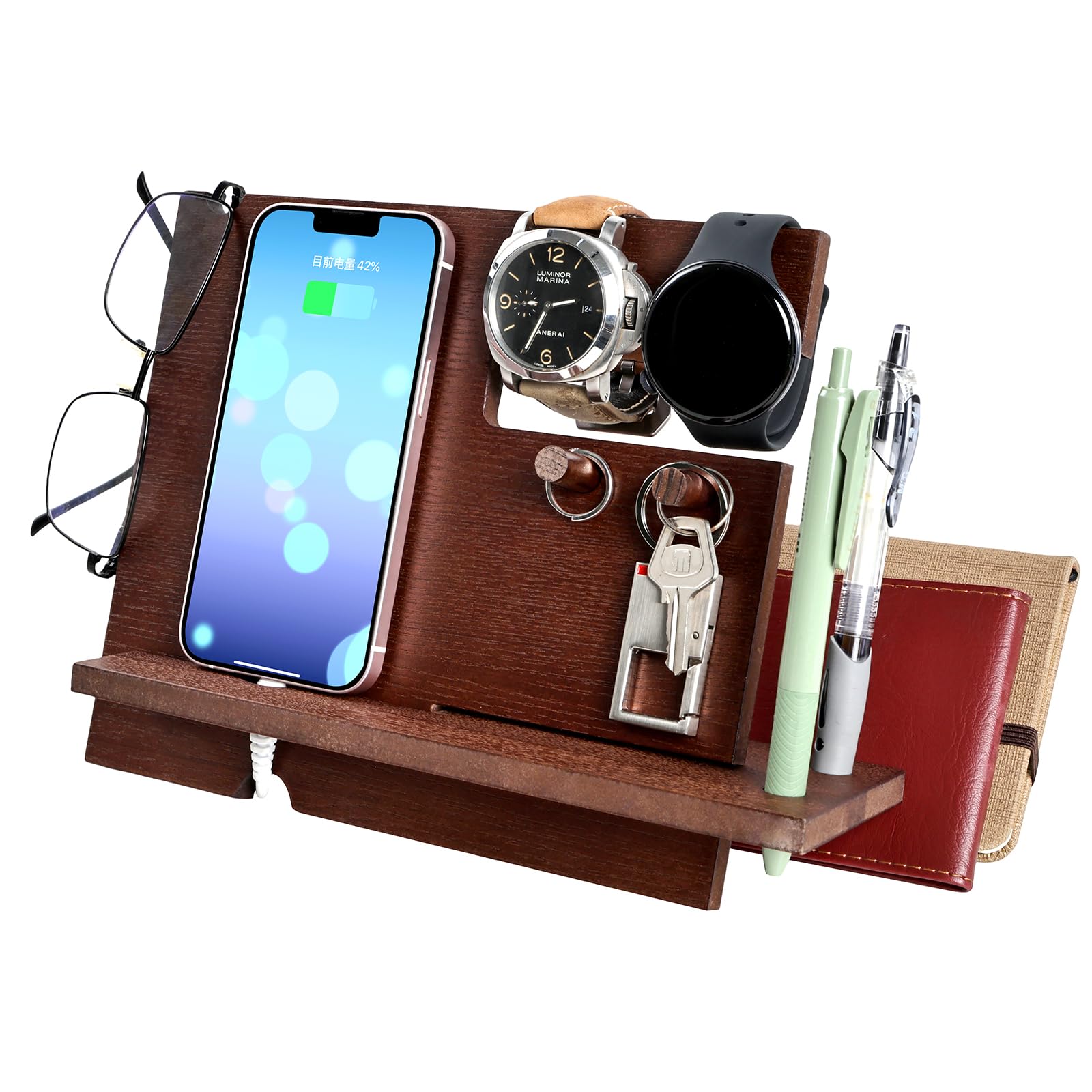 Robomanor Classic Brown Wooden Organiser Stand Charging Station Phone Docking Station for Men Gadgets Key Wallet Watch Stand Gifts for Dad Xmas Presents for Men Birthday Gifts for Him