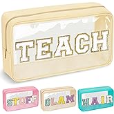 Teacher Appreciation Gifts Chenille Letter Clear Makeup Bag TEACH Pouch, Preppy Patch Makeup Bag with Zipper Graduation Retirement Birthday Cosmetic Bag Teacher Gifts Supplies for Women(TEACH-Beige)
