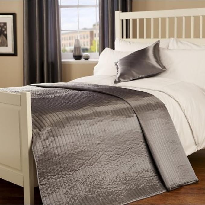 Luxury Plain Ribbed Faux Silk Satin Shine Quilted Bedspread Throw
