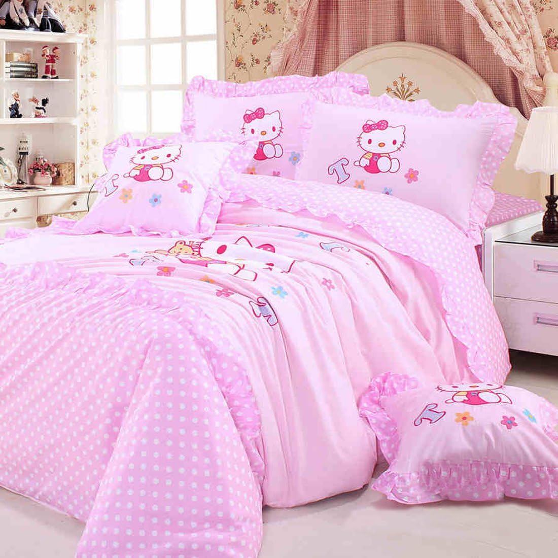 MBM (TM) Hello Kitty Bedding Set,Pink Princess Bedding Sets,Kids Bedding,Polka Dot Bedding Set,Queen/Twin Size,4Pcs, Comforter Not Included (QUEEN)