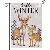HOMETITUTE Hello Winter Deer Garden Flag Double Sided 12x18 Inch Burlap Winter Garden Flag Reindeer Couple Snow Trees Seasonal Banner for Indoor and Outdoor Decoration Yard Lawn Decor