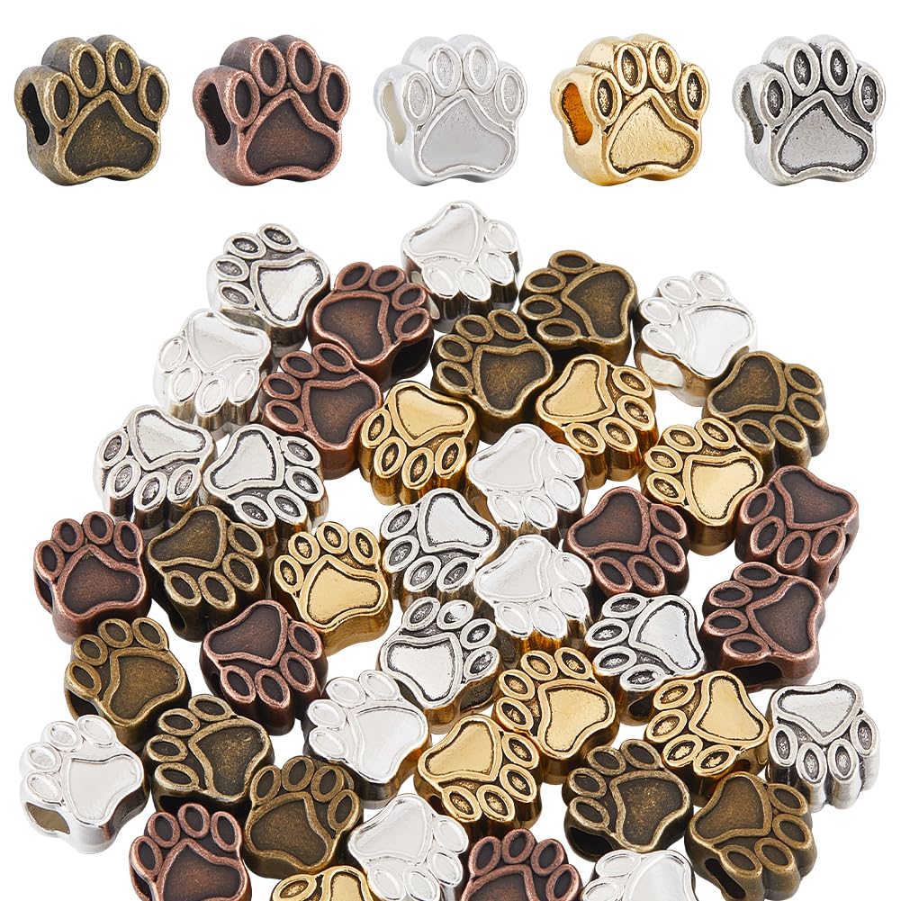 SUNNYCLUE 1 Box 50Pcs 5 Colors Gold Dog Paw Bead Paw Print Beads Bulk European Silver Alloy Puppy Cat Bear Animal Footprint Cute Large Hole Spacer Beads for Jewellery Making Beading Bracelet DIY Craft