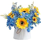 WELL KNOWN Small Fake Flowers in Plastic Vase 7" Centerpieces Coffee Table Decor, Silk Sunflower Arrangement for Home Decor Artificial Flower Bouquet for Dining Room Kitchen Wedding Summer Yellow Blue