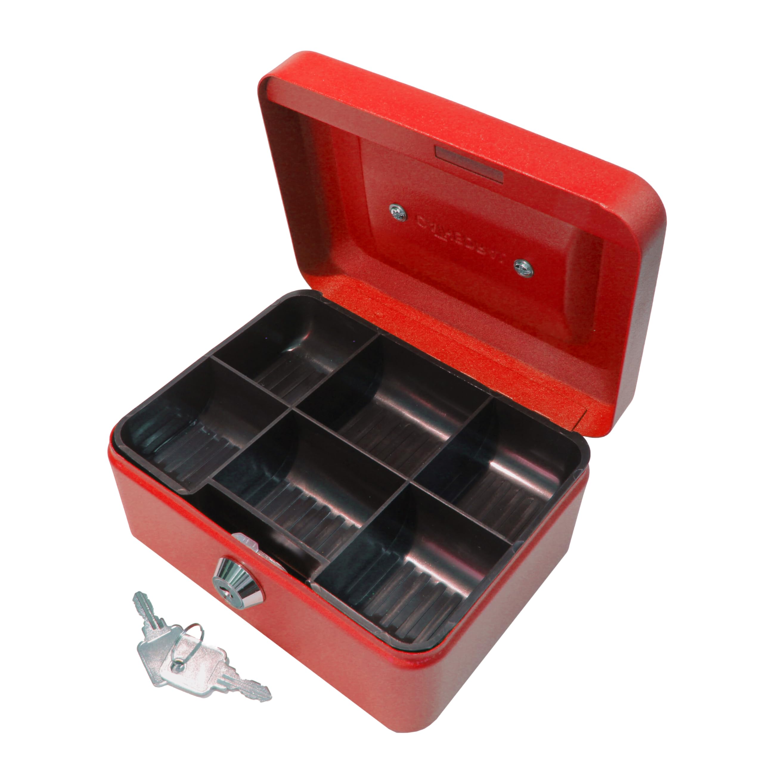 Cathedral Products Key Lockable Cash Box with Lift Out 6 Compartment Coin Tray - 6 Inch - Red — image 1