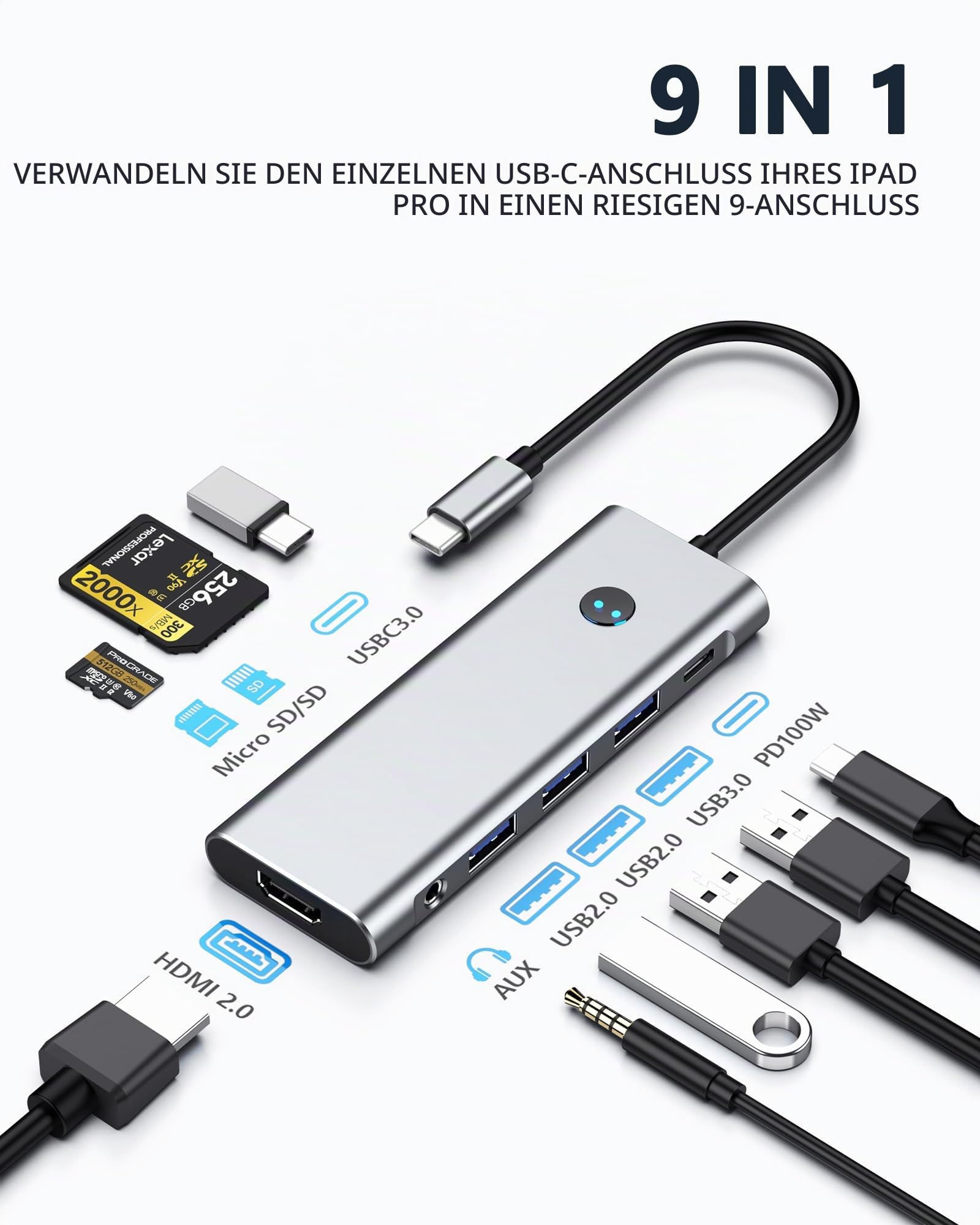 USB C HUB for iPad Pro Adapter 4K 60Hz HDMI, 100W PD, SD/TF Card Reader, 3 USB A Port, 3.5mm Audio Jack, 9 in 1 USB C Dock for iPad Air/Galaxy Dex/Tablet/MacBook/iMac/iPhone 17/Steam Deck/HP/Dell 4