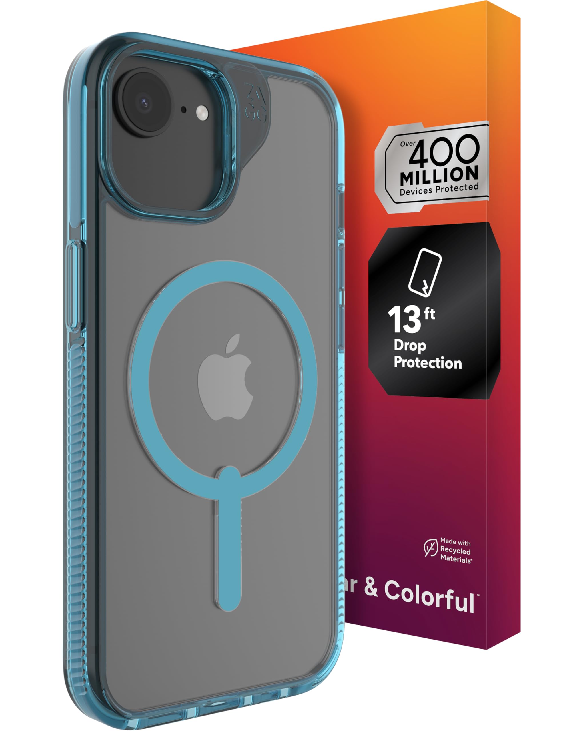 ZAGG Santa Cruz Snap Case for iPhone 16e/ 15/14/ 13 - Slim, 13ft Drop Protection, Wireless Charging Compatible, Graphene Strength, 70% Recycled Material, Anti-Scratch, Secure Grip, Clear, Retro Blue Image