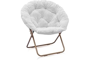 MoNiBloom Round Folding Faux Fur Saucer Chair for Bedroom Living Room Dorm Garden Courtyard Foldable Metal Frame Oversized Large Comfy Furry Padded Soft Lounge Lazy Cozy Moon Chair for Adults (White)
