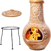 Terracotta Chimenea Outdoor Fireplace, Clay Chiminea with Lid &amp; Metal Stand | Wood Burning Style, Rustic Garden Decor, Patio Fire Pit Alternative, Backyard Accent