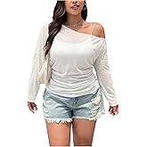 MakeMeChic Women's Plus Size Sheer Mesh Tops Asymmetrical Neck Top Sexy Loose Off Shoulder Long Sleeve Party Club T Shirt