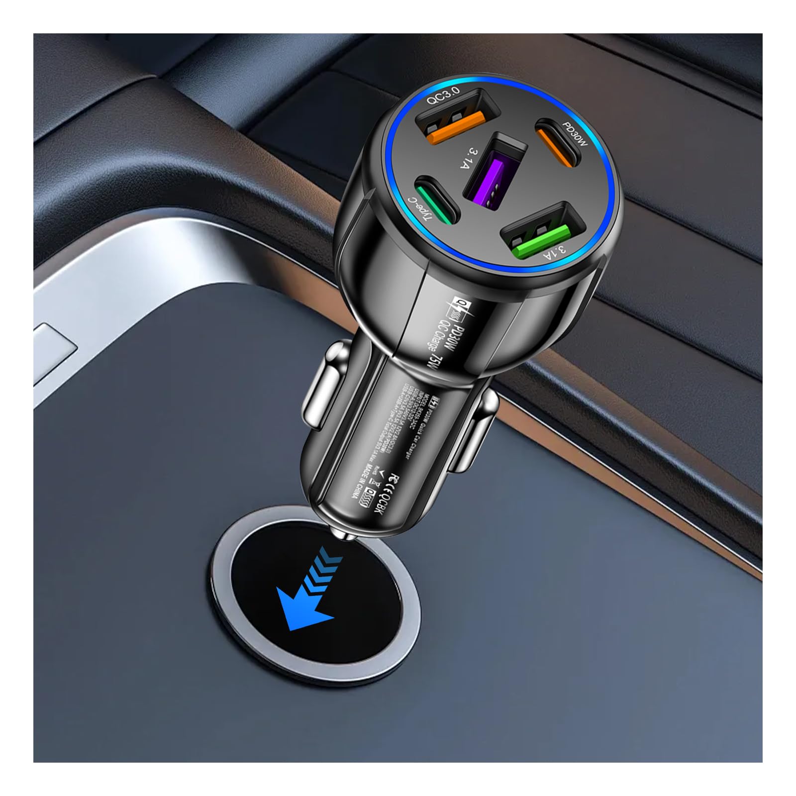 View 1 of 5 Port Fast Car Charger Adapter,12-24V Car Charger USB C & 30W QC3.0/3.1A Port with Reinforced Contacts & Lighting,75W Vehicle Accessories Cigarette Lighter USB Chargers (Black)