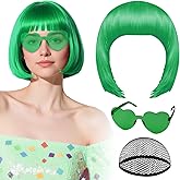 PLULON Green Bob Wig with Heart Sunglasses and Hair Cap, Colorful Short Bob Wigs Synthetic Party Wigs Funny Cosplay Hairpieces for Women Men Daily Bachelorette Halloween Costume Party Decorations
