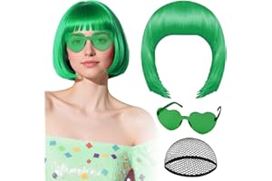 PLULON Green Bob Wig with Heart Sunglasses and Hair Cap, Colorful Short Bob Wigs Synthetic Party Wigs Funny Cosplay Hairpieces for Women Men Daily Bachelorette Halloween Costume Party Decorations