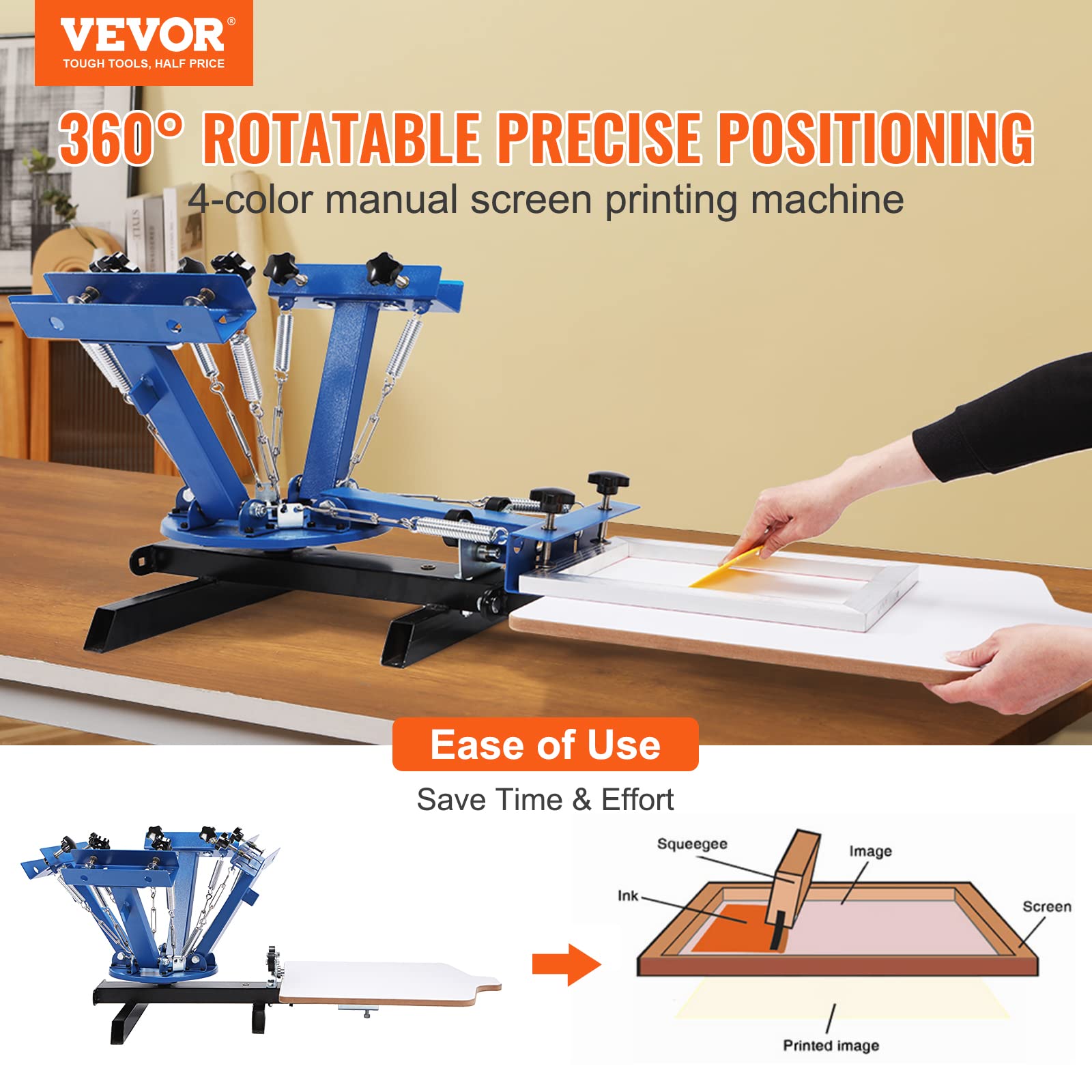 VEVOR Screen Printing Machine, 4 Color 1 Station 360° Rotable Silk Screen Printing Press, 21.2x17.7in / 54x45cm Screen Printing Press, Double-Layer Positioning Pallet for T-Shirt DIY Printing