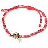 SIFRIMANIA Red String Macrame Adjustable Handmade Bracelet with Gold Filled Beads and Miraculous Virgin Charm for Women and Girls