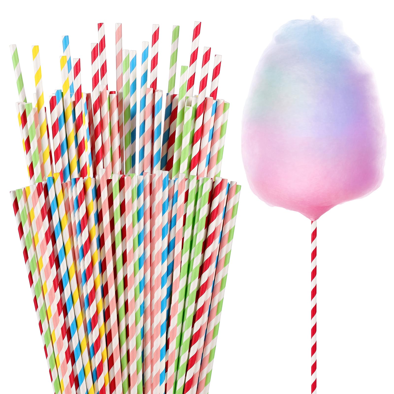Photo 1 of 100Pcs Colorful Cotton Candy Sticks - 13.8 Inches Stripe Paper Sticks Cotton Candy Sugar Making Supplies, Extra Long Paper Straws for Party