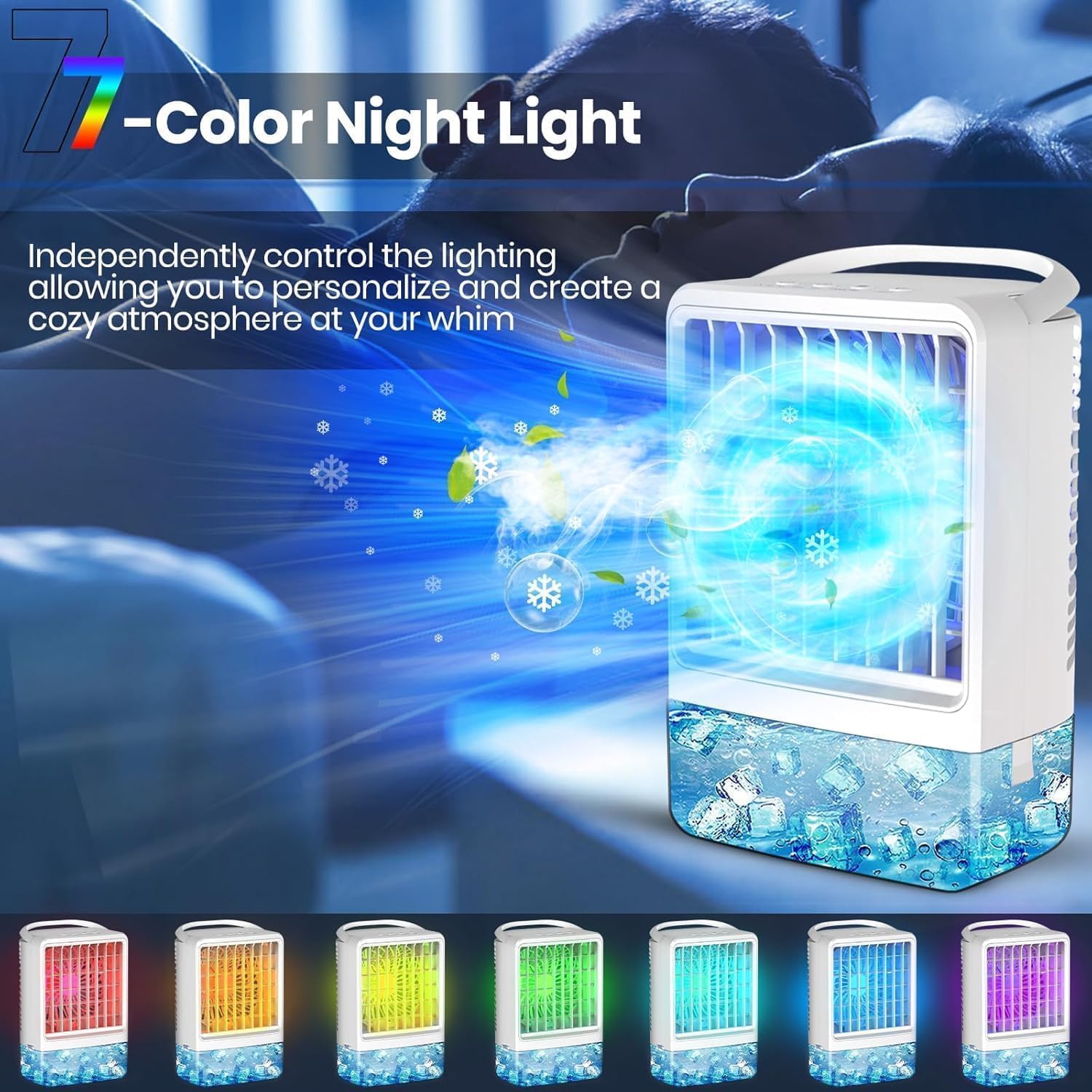Mini Air Conditioner Portable AC Portable Air Conditioners with 1200ml spray/hour 3 Speed Wind & 7 Colorful LED Light Cool Mist &Timer Evaporative Air Cooler for Bedroom/Home/Office