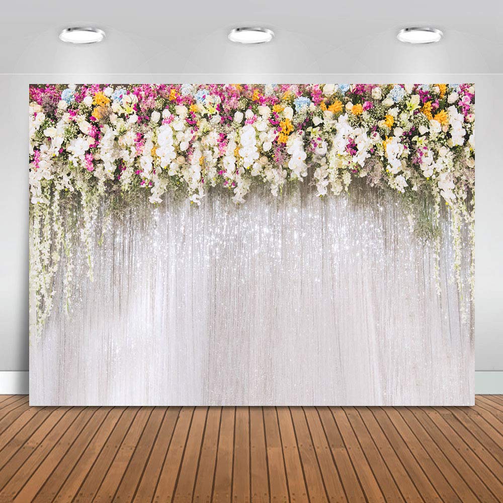 Avezano Flower Wall Sequin Curtains Backdrop for Photography Pink White Fresh Floral Photography Background for Bridal Wedding Birthday Party Photo Studio Props,7x5ft