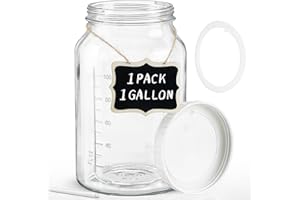 Qianfenie 1 Pack Wide Mouth 1 Gallon Clear Glass Jar w Lid, Heavy Duty 100% Airtight Screw Lid w Silicone Gasket - Mason Jar w 2 Scale Mark for Fermenting Kombucha and Storing Food.