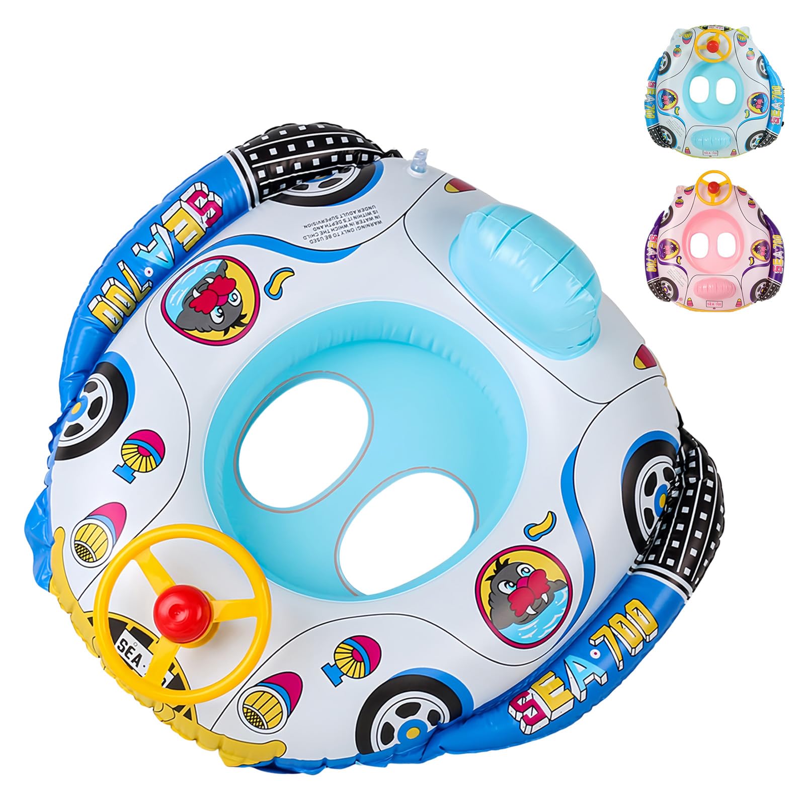 HUANYO Kids Car Boat Swim Ring, Inflatable Pool Float with Safety Valves & Anti-Slip Handles, Fun Water Toy for Children Ages 2-6 for Beach, Pool, Lake (blue)