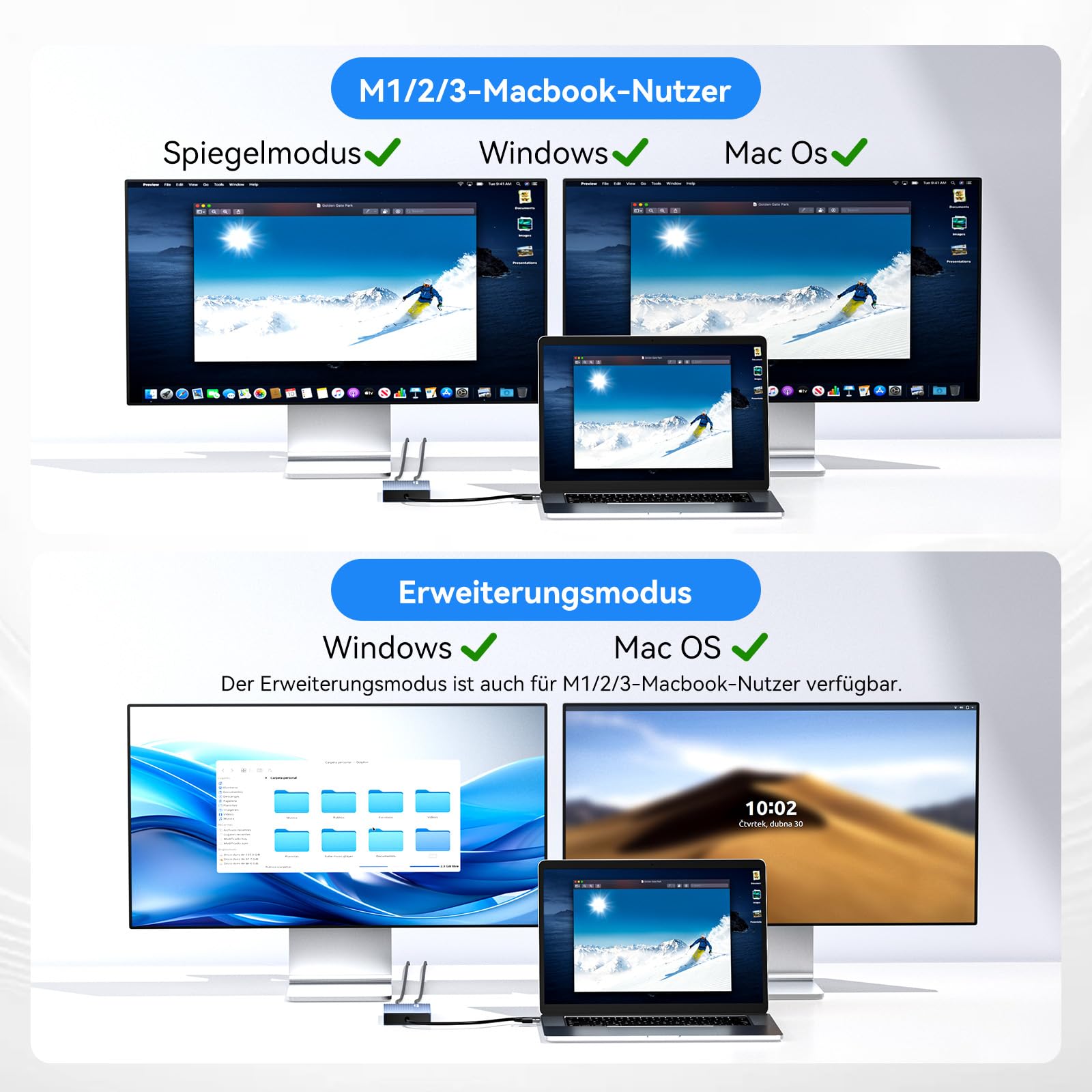 ACASIS USB C auf Dual HDMI DisplayLink Adapter, 4K@60Hz, 2 HDMI, 100W PD Charging, DisplayLink Docking Station für Mac M1/M2/M3/Windows,USB A/C auf Dual Monitor Adapter (Phantom Grey) 5