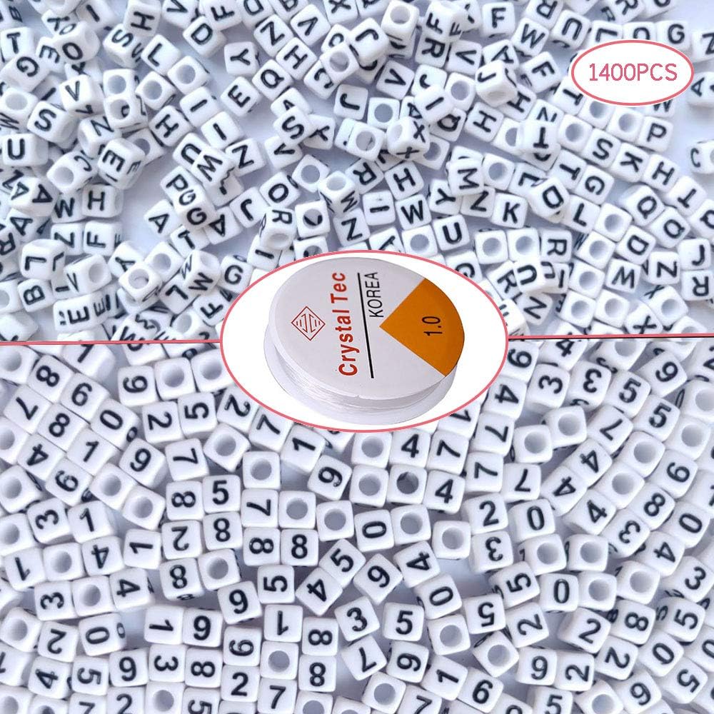 MSOLE 1400 Pcs Plastic Acrylic Letter Alphabet and Number Cube Beads with 1 Rolls Elastic Crystal String Cord for DIY Jewelry Making Bracelets Necklaces Key Chains